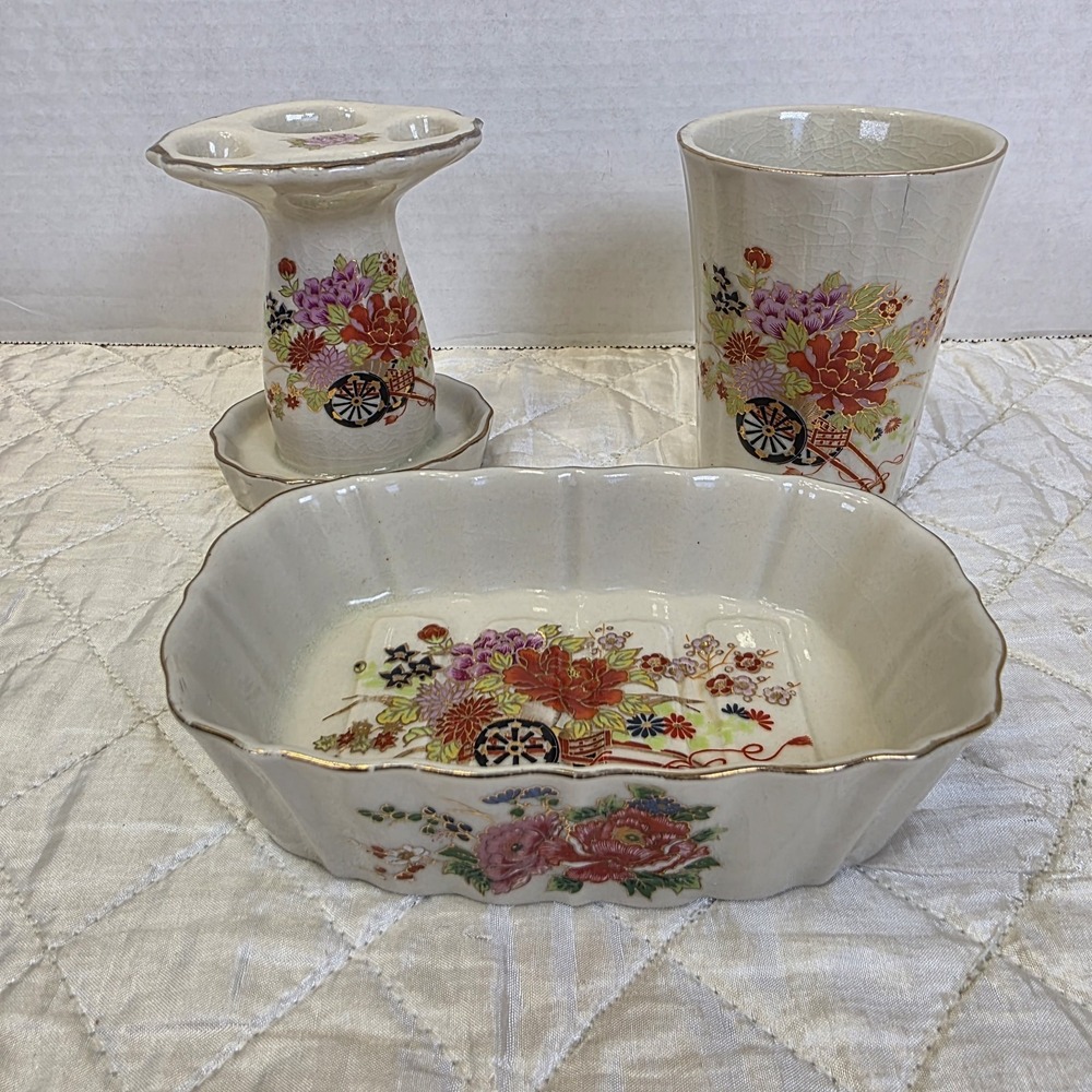 Vintage Porcelain 3 Piece Bathroom Set Japan Cup Toothbrush Holder Soap Dish